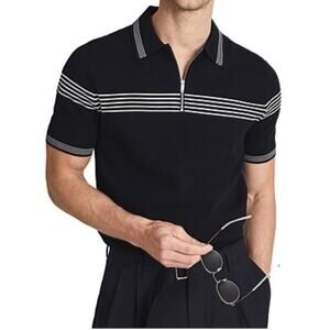 Reiss Claude Polo Shirt Mens Black White Striped Half Zip Short Sleeve Men XXL